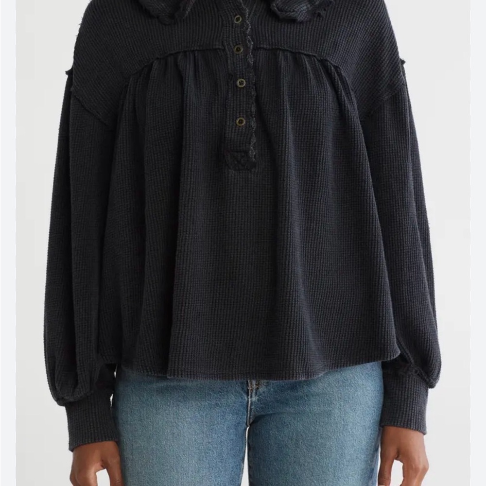 We The Free Black Long Sleeve Henley Peasant Top